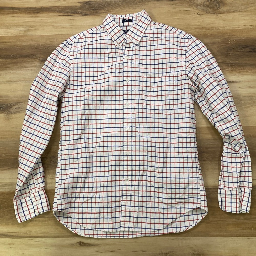 J.Crew Button Down Shirt Size M Flex Oxford Tattersall Slim White Red Blue AD163